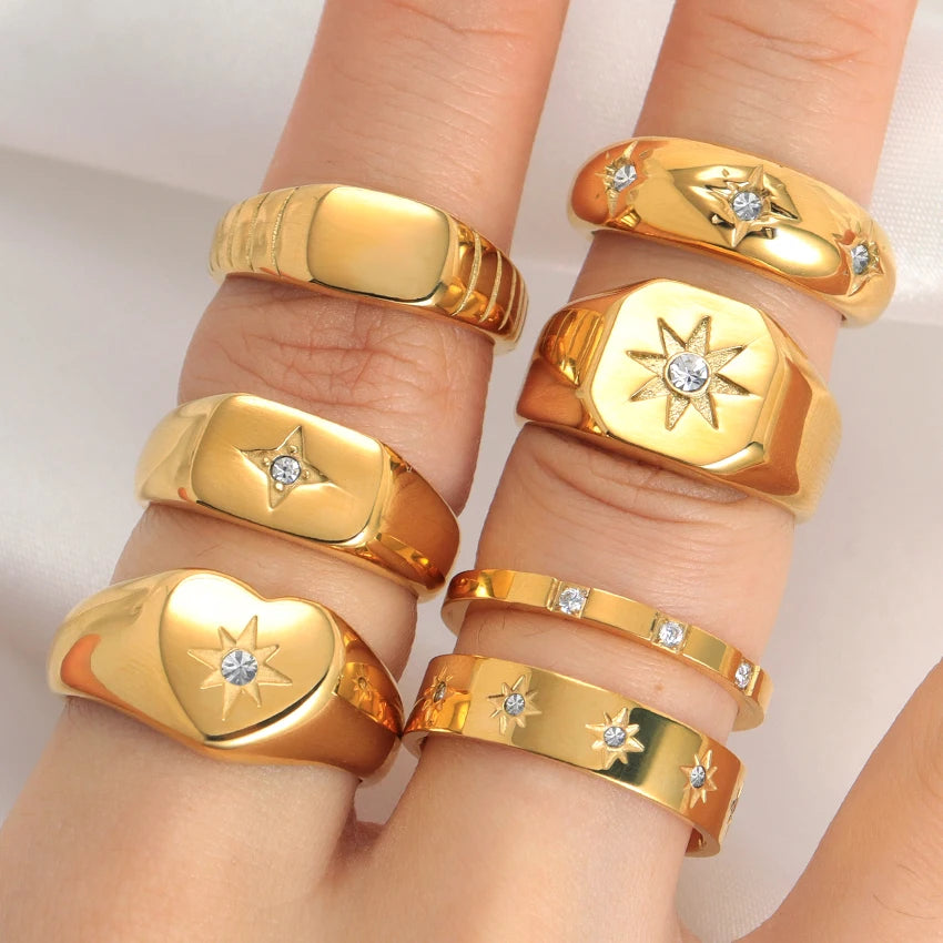 Minos Greek Style Chunky Zircon Rings Fashion Jewelry Stainless Steel 18k Gold Star Rings Tarnish Free Chunky Heart Ring