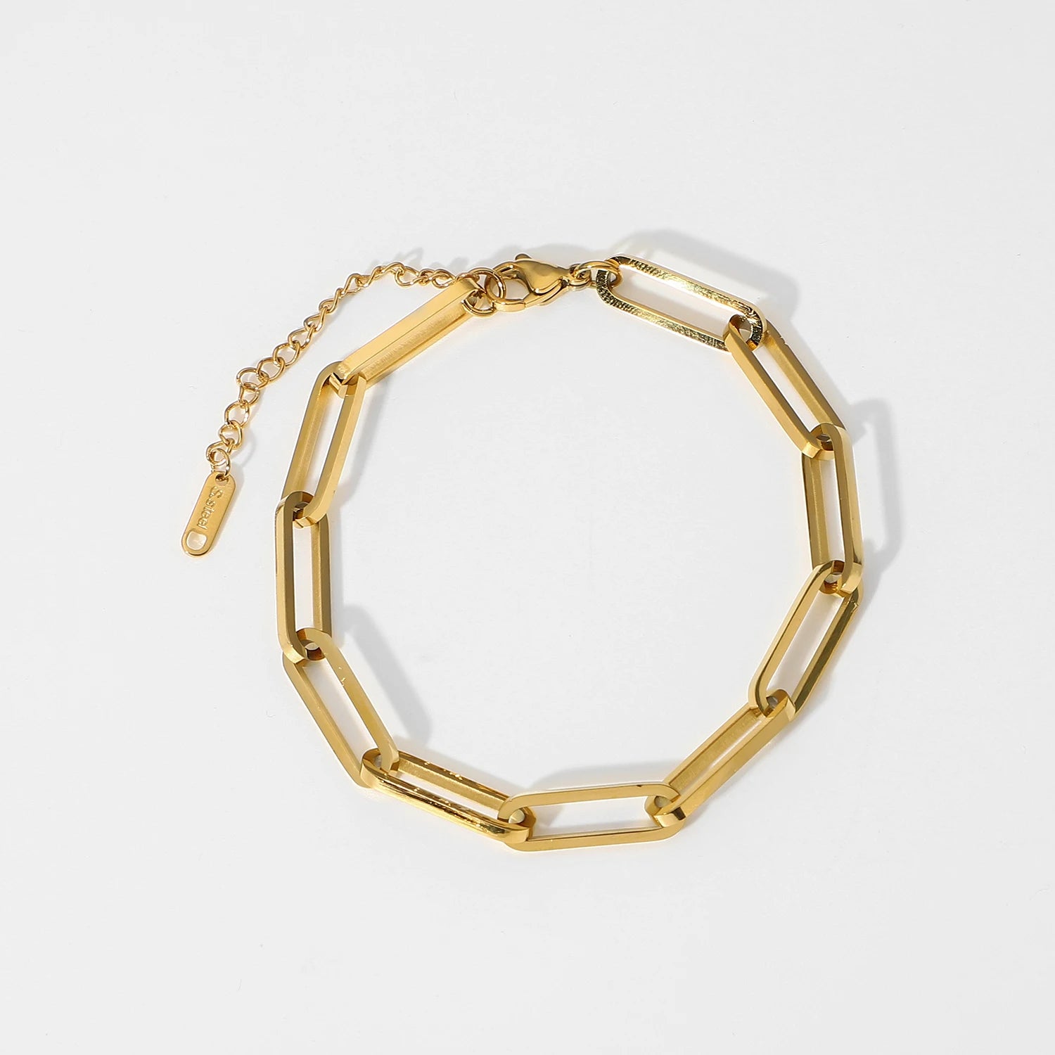 Thick Rectangle Link Chain Daily Stacking 18K Gold Plated Stainless Steel Paper Link Bracelet