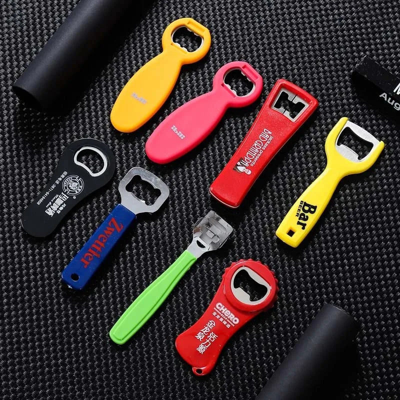 Custom Logo Shape Metal Bottle Opener Keychain Promotional Metal Crafts with Plastic Key Ring Bottle Opener