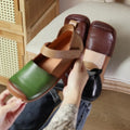 Spring and Autumn Flat Shoes  Made of Top Layer Cowhide Square-toed Design Retro Style Featuring Velcro Fastening Soft Soles