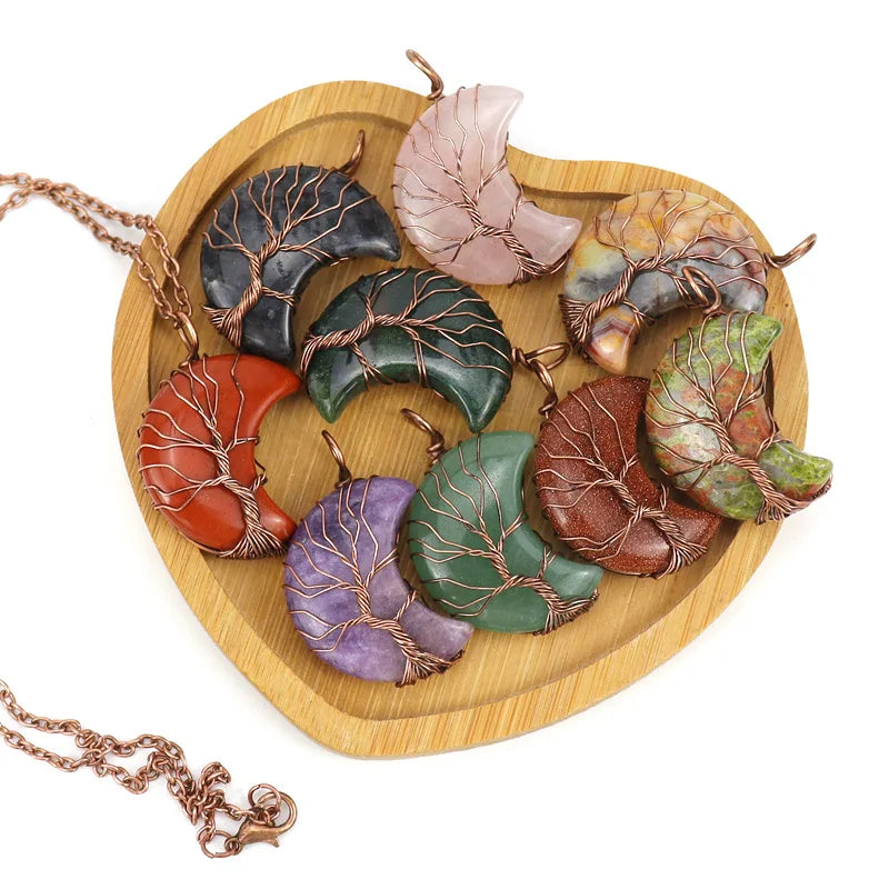 Tree of Life Bronze Wire Wrapped Crescent Moon Pendant Necklace Healing Crystal Stone Necklaces Natural Gemstone Quartz Pendant