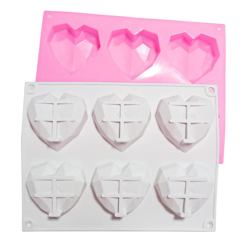 Silicone Cake Chocolate Letter Mold with Hammer 6 Cavity 3D Geometric Diamond Large Heart Shape Mold Breakable Reposteria