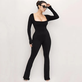 Flare Romper Winter Athleisure Wear Fashion Full Length Playsuits Spandex Bodysuits Long Sleeve Yoga Jumpsuit for Women