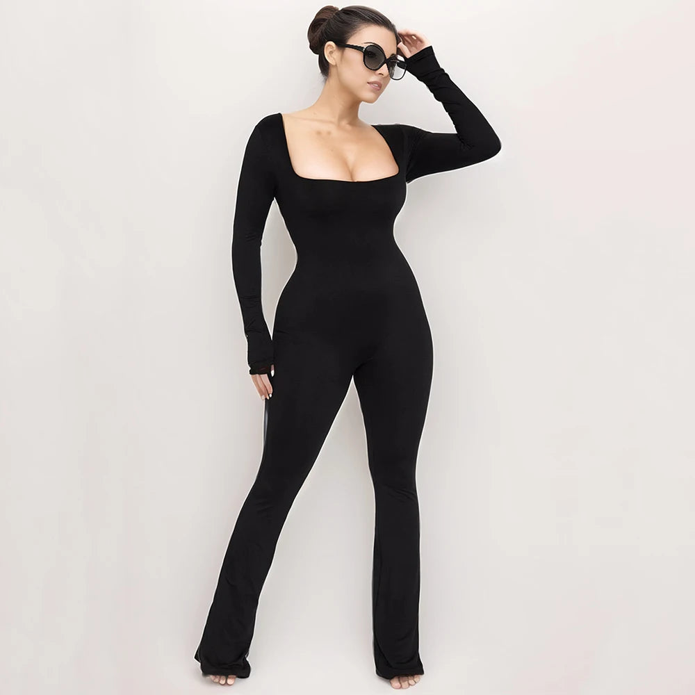 Flare Romper Winter Athleisure Wear Fashion Full Length Playsuits Spandex Bodysuits Long Sleeve Yoga Jumpsuit for Women