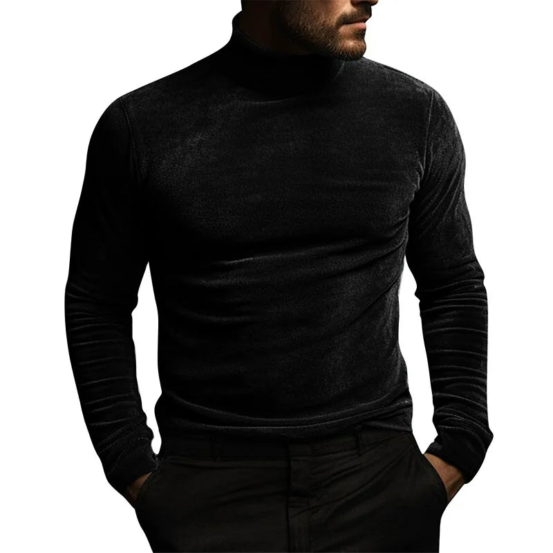 RNSHANGER Winter New Long Sleeve Men T-shirt Fashion Underlay Solid Velvet Clothes Men's High Neck Tight T-Shirt for Male