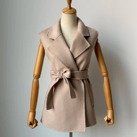 Luxury Wool Vest Women Sleeveless Coat Belt Double-Faced Cashmere Gilet Winter Woolen Overcoat Autumn