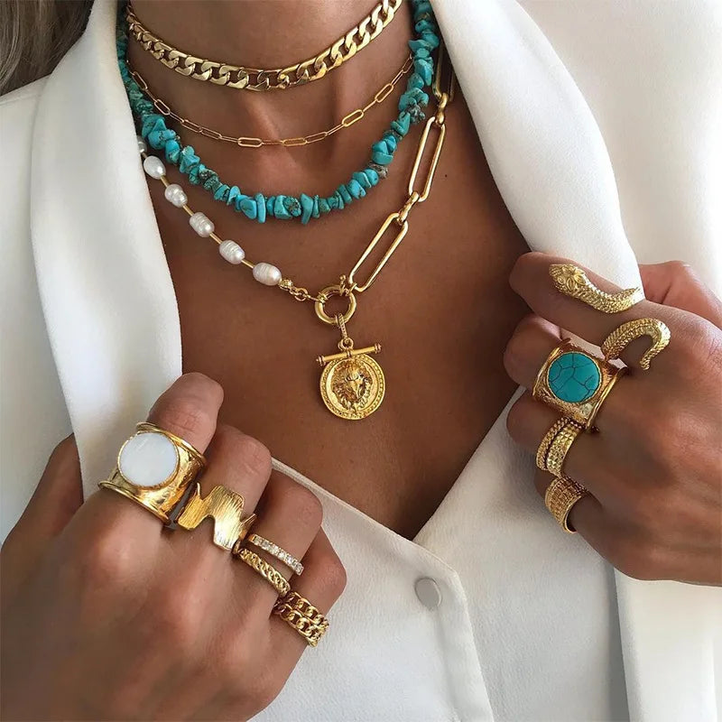 Hot Sale Rock Exaggerated Multi Layer Thick Chain Pearl Turquoise Geometric Pendant Necklace Vintage Metal Sweater Chain Jewelry