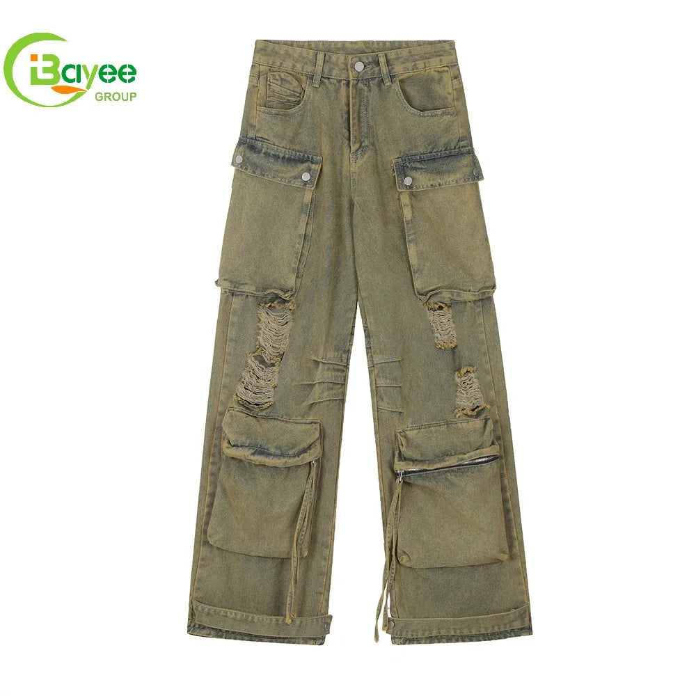Vintage Camo Denim Jeans Manufacturers Custom Logo Multi Pocket Dirty Wash Baggy Men Denim Jeans