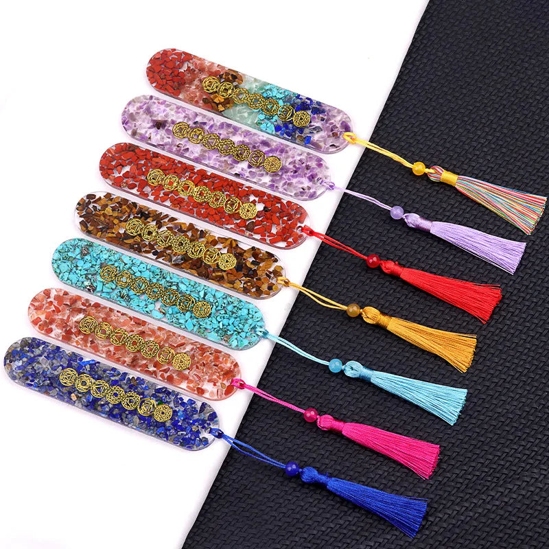 7 Chakra Resin Bookmark Tassel Natural Gemstone Agate Chip Encased 29x33mm Oval Clear Resin Spiritual Jewelry Making Engraving