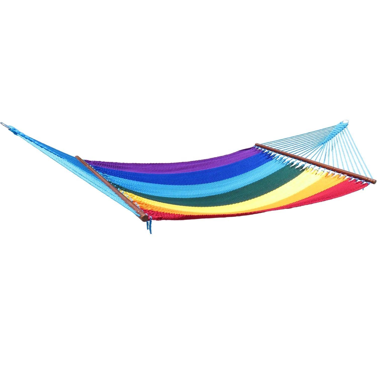 GodsWord Garden Patio Double Net Hammock With Spreader Bar Outdoor Cotton Rope Rainbow Netting Hammock With Wood Spreader