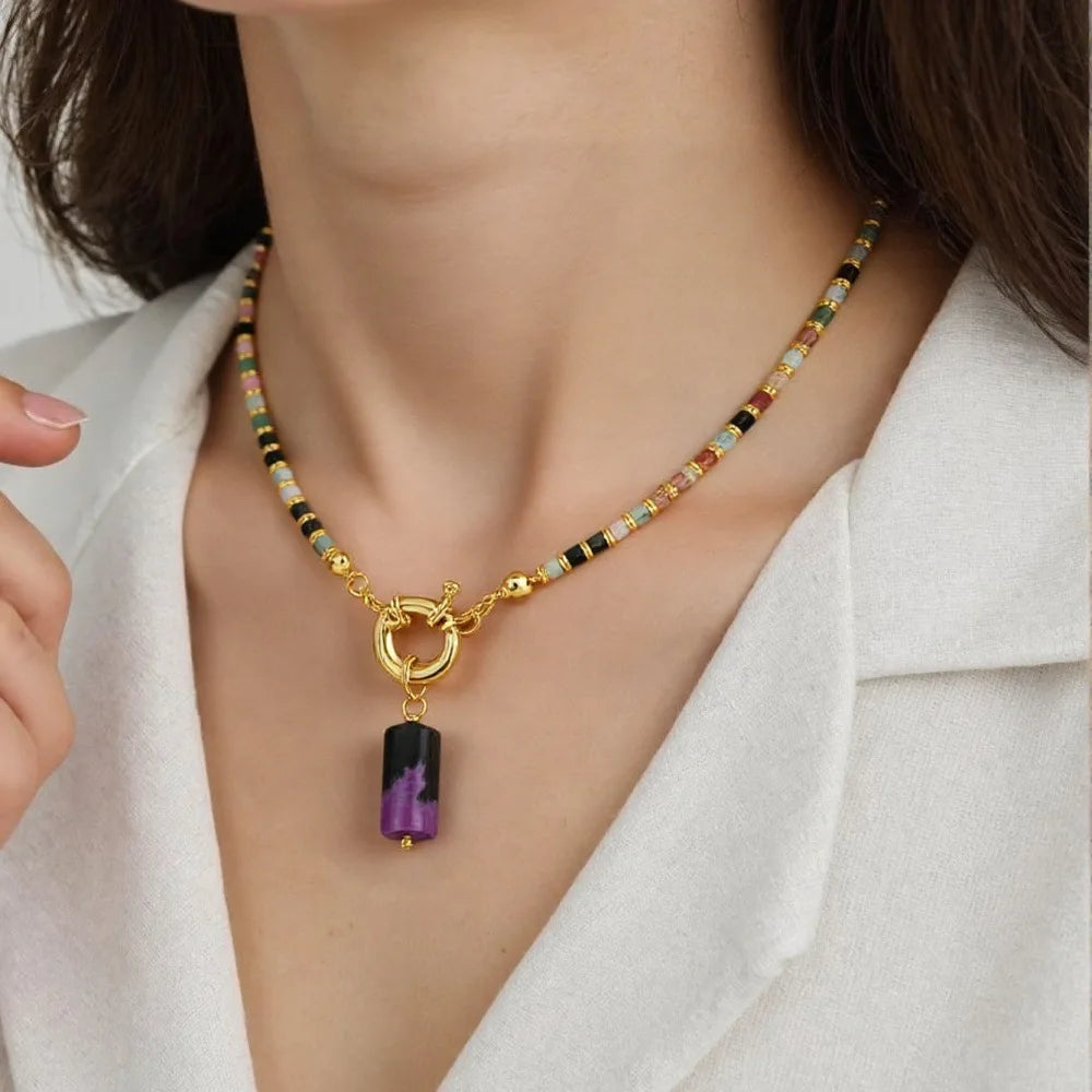 Bohemia Style Gold Plated Spacer Natural Stone Necklace Luxury Tourmaline Amethyst Beads Necklace