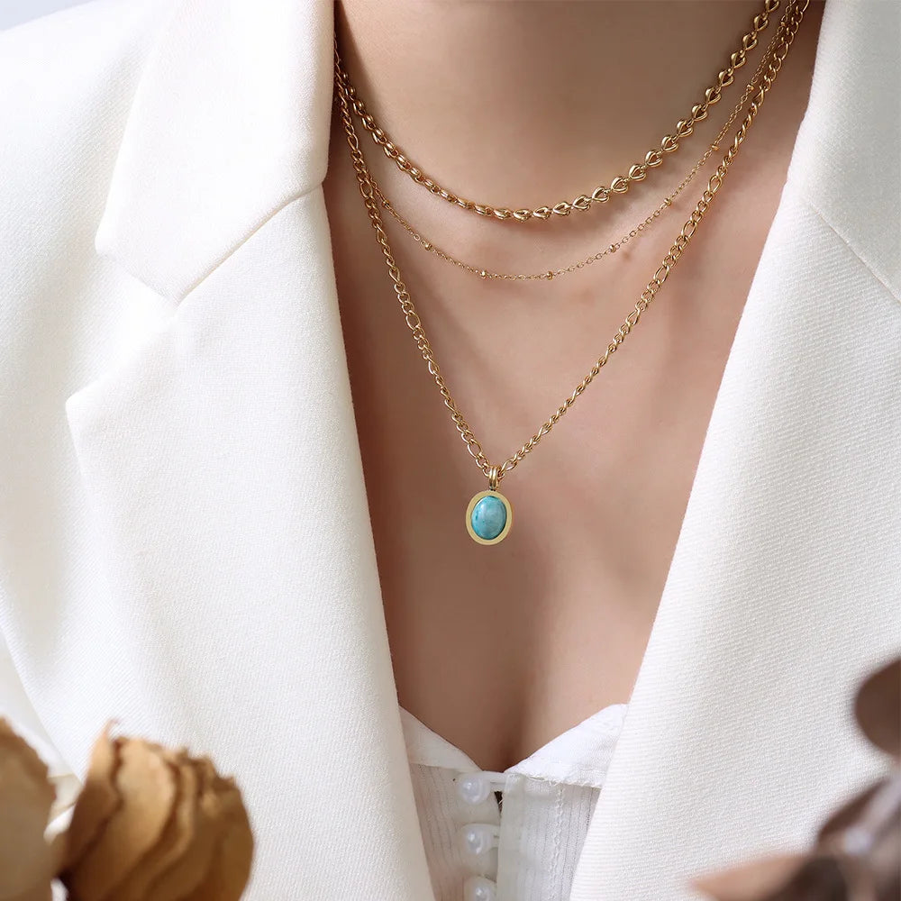 New Fashion Unique Design Personalized Stainless Steel Oval Natural Tianhe Stone Pendant Chain Chokers Necklace for Women P065