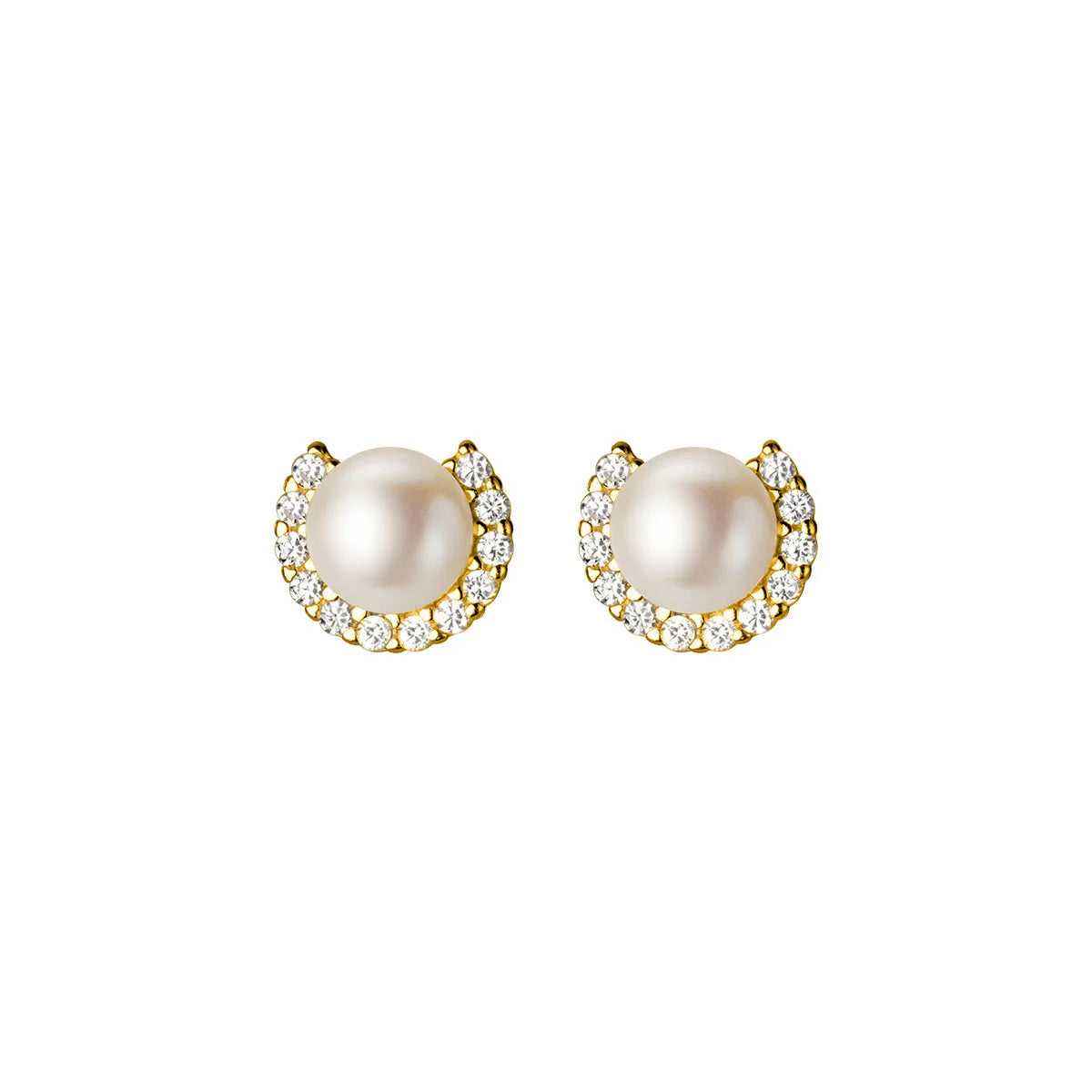 Fashion Jewelry 925 Sterling Silver Half Round Circle Real Natural Pearl Gold Plated Stud Earrings for Women