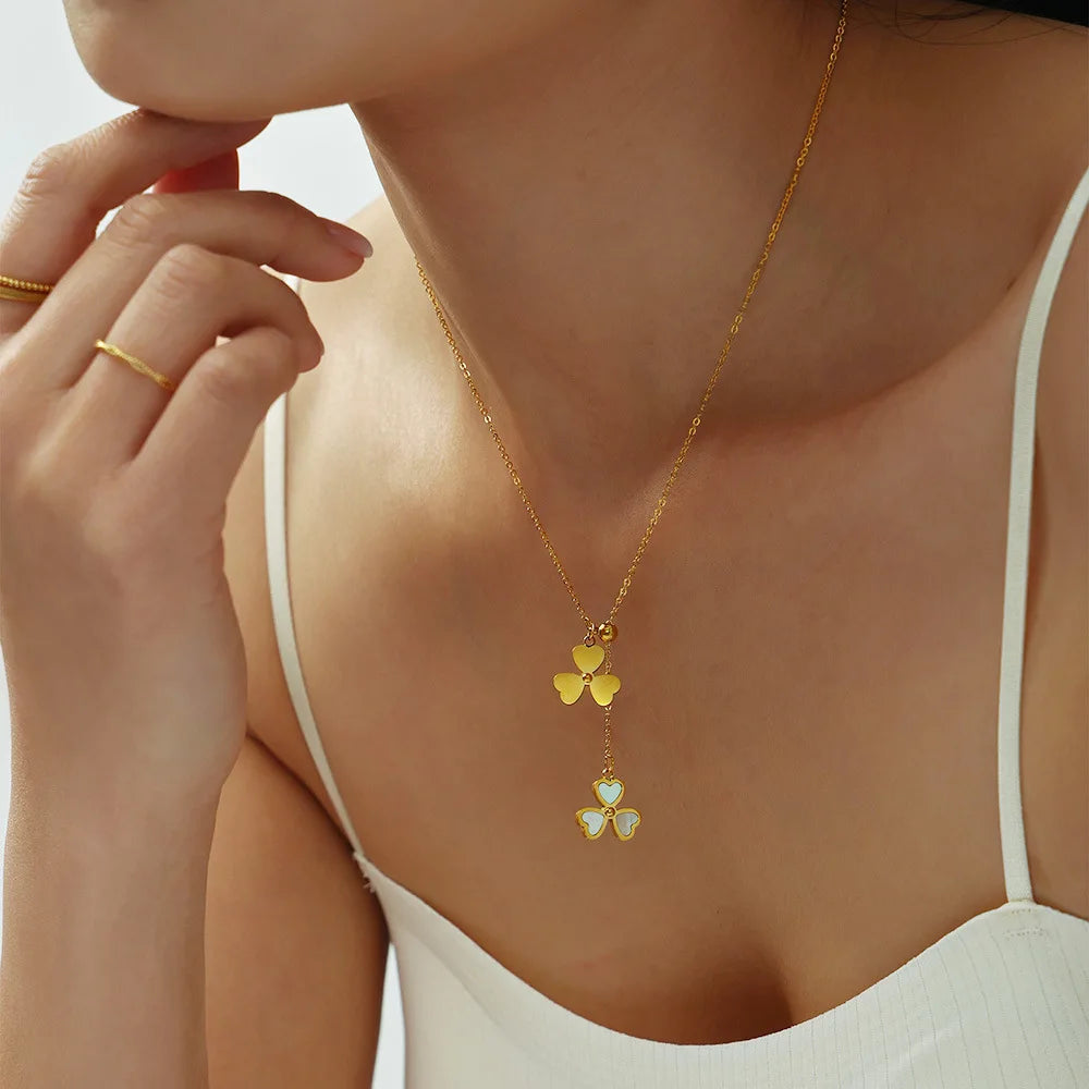 New 18K Gold Plated Stainless Steel Adjustable Heart Shaped Flower Pendant  Necklace Shell Flower Tassel Necklace for Women