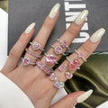 Europe Luxury High Carbon Diamond Pure 925 Sterling Silver Cute Heart Square Pink Zircon Diamond Engagement Wedding Rings