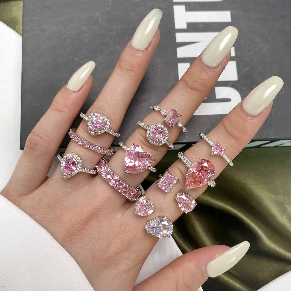 Europe Luxury High Carbon Diamond Pure 925 Sterling Silver Cute Heart Square Pink Zircon Diamond Engagement Wedding Rings