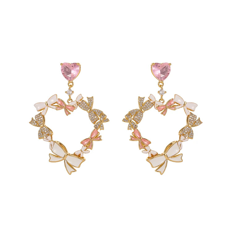 Fashionable Zircon Gold Plated Large Heart Shape Earrings 925 Silver Needle Hypoallergenic Bow Pendant Earrings for Women