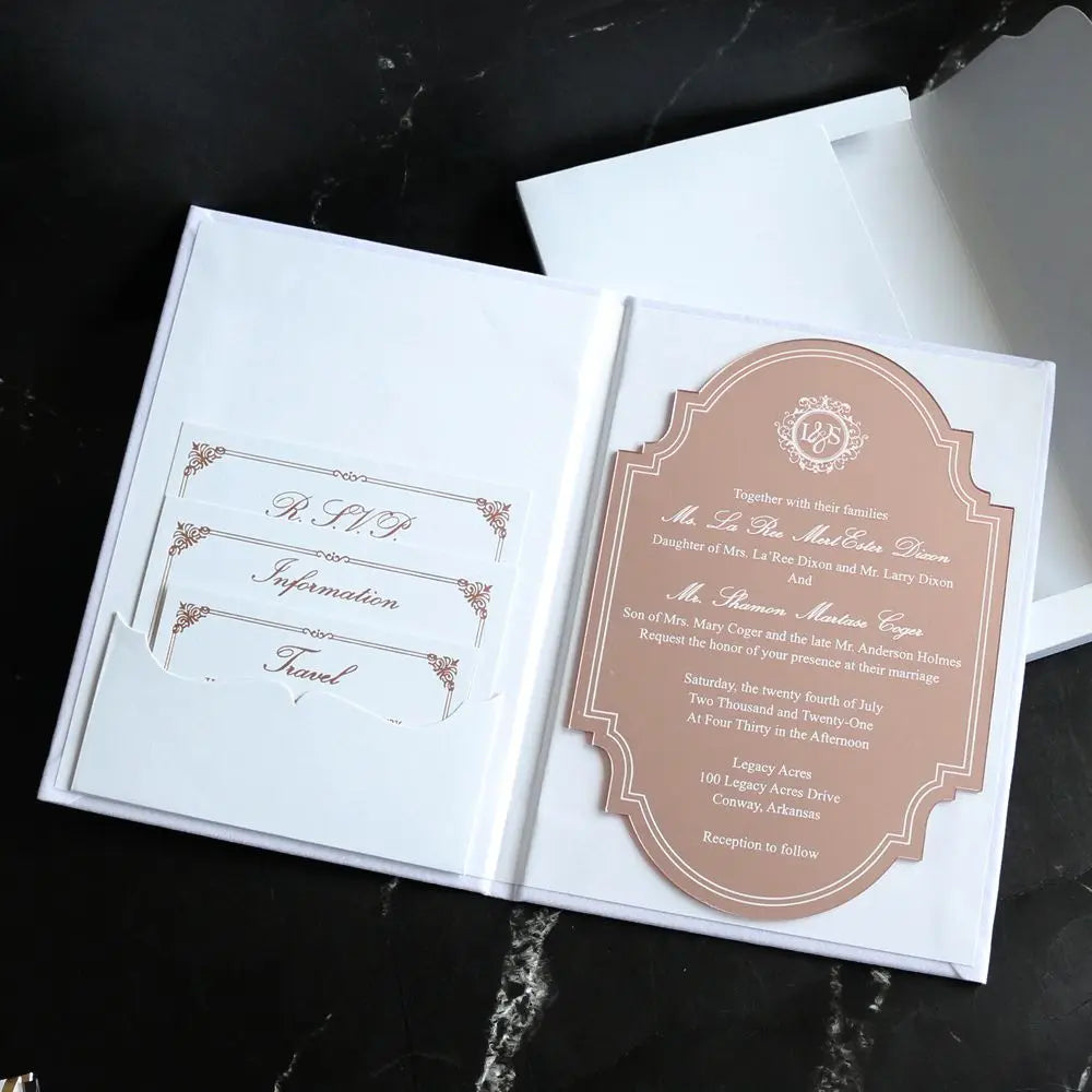 Folio New Design Rose Gold Mirror Acrylic White Suede Wedding Invitation Card