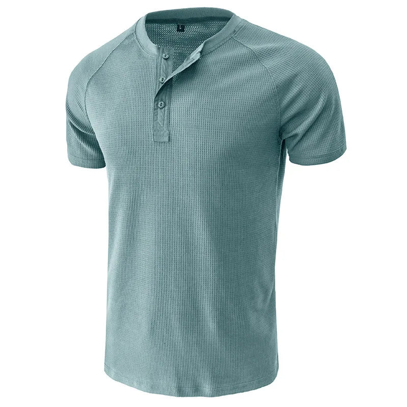 High Quality Custom Print Logo Summer Men's Henley Men's Short Sleeve T-shirt Waffle Knit T-shirt for Men