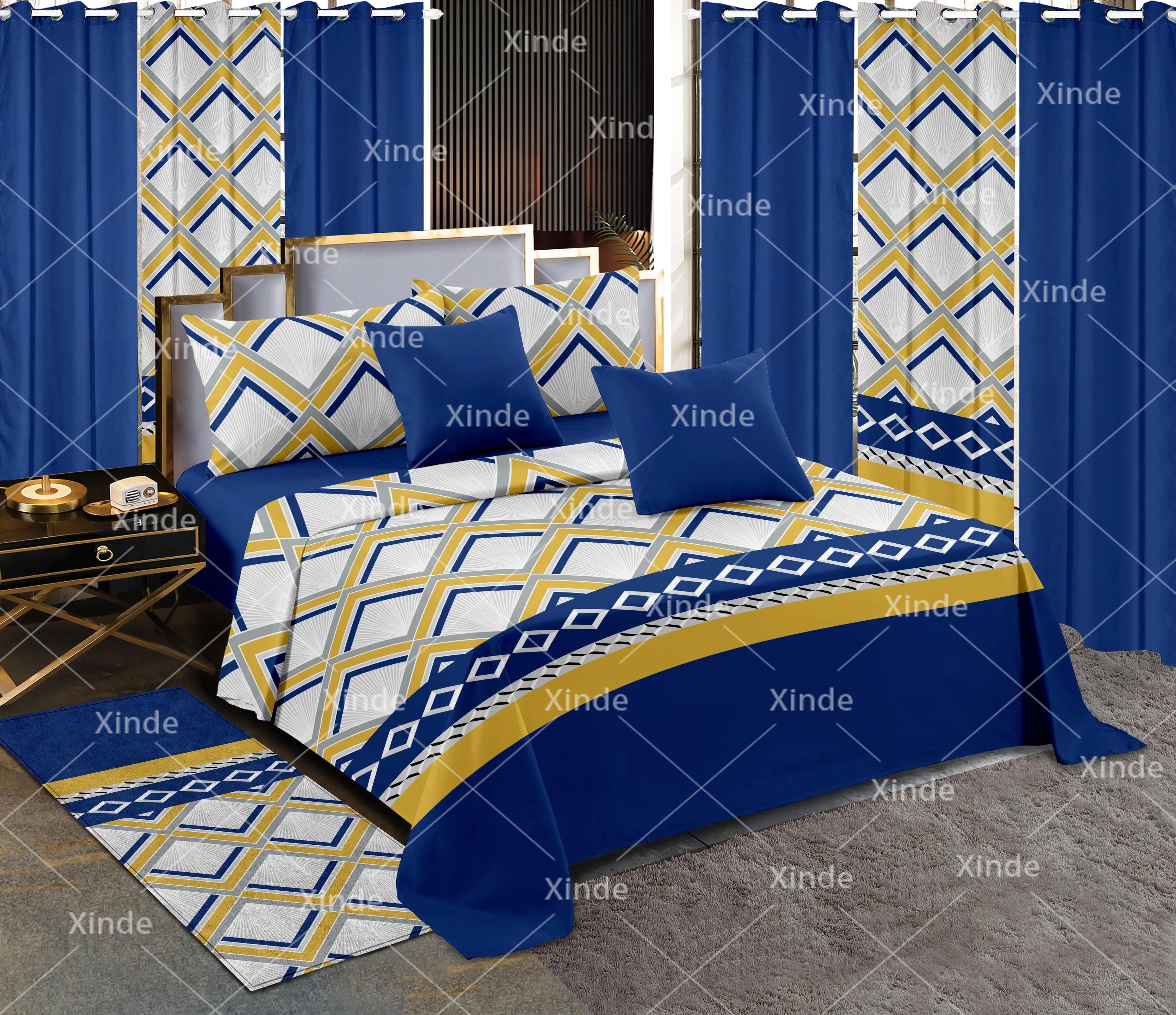 Ready to Ship 13pcs Bed Sheet Set Plaid Style Machine Washable Bedding Sets with Matching Curtains Modern for All Season