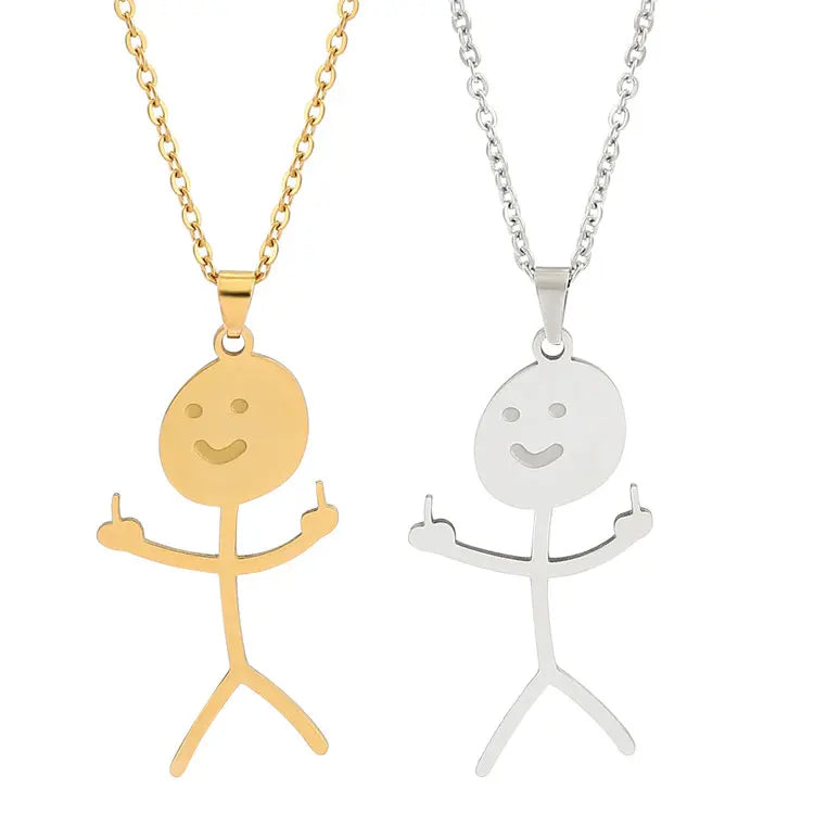 SC Personalized Middle Finger Stickman Pendant Necklace Stainless Steel Matchstick Hand Gesture Necklace Funny Doodle Necklace
