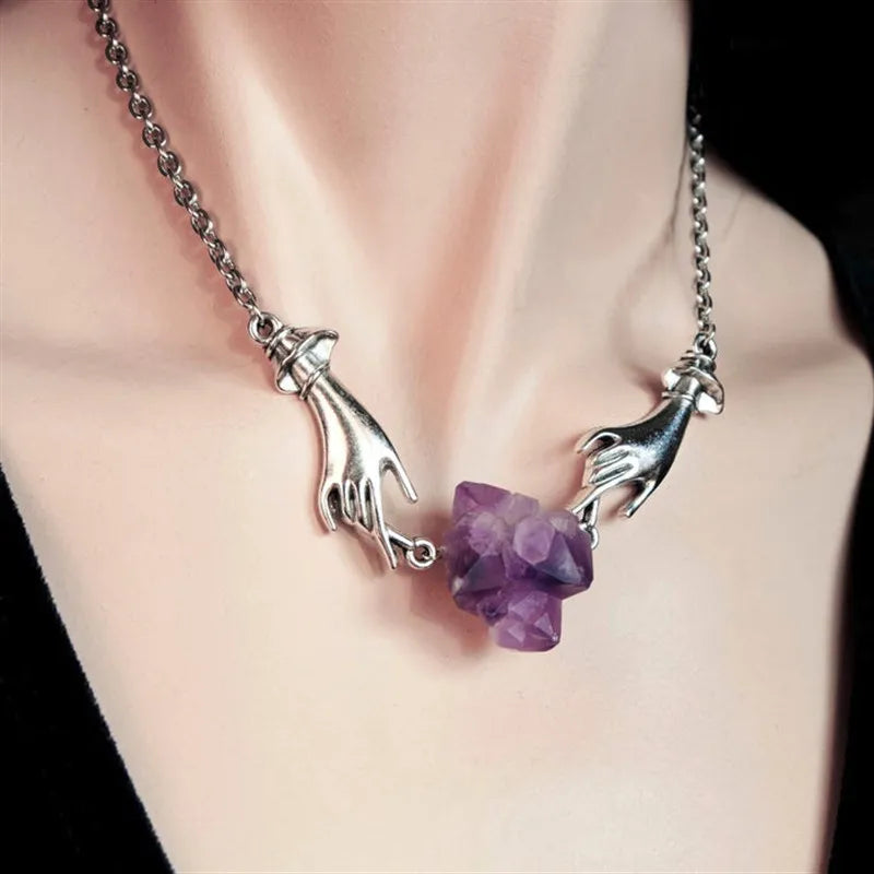 New Fashion Personality Design Amethyst Necklace for Women Alloy Spliced Natural Stone Pendant Necklace Fashion Accessories