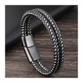 Stainless Steel Genuine Leather Bracelet Handmade Latest Style Fashionable Jewelry Black Magnetic Clasp Men Bracelets Gift