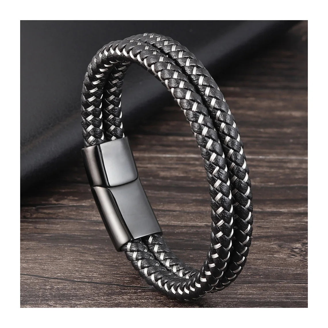 Stainless Steel Genuine Leather Bracelet Handmade Latest Style Fashionable Jewelry Black Magnetic Clasp Men Bracelets Gift