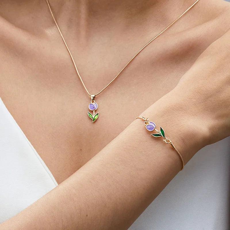 Luxury Rose Tulip Choker Necklace Bracelet Set Women Gold Plated Snake Chain Flower Enamel Pendant Lady Party Bracelet Necklace