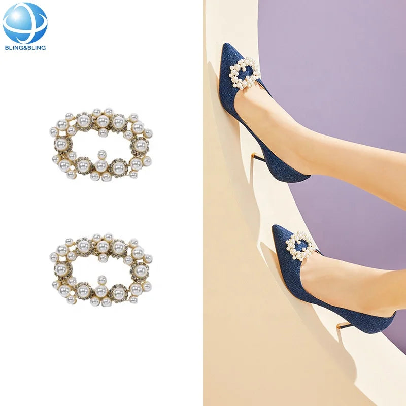 Women Pearl Shoe Jewelry Removable Shoe Clips Rhinestone Buckles for Bridal Shoe Ornaments