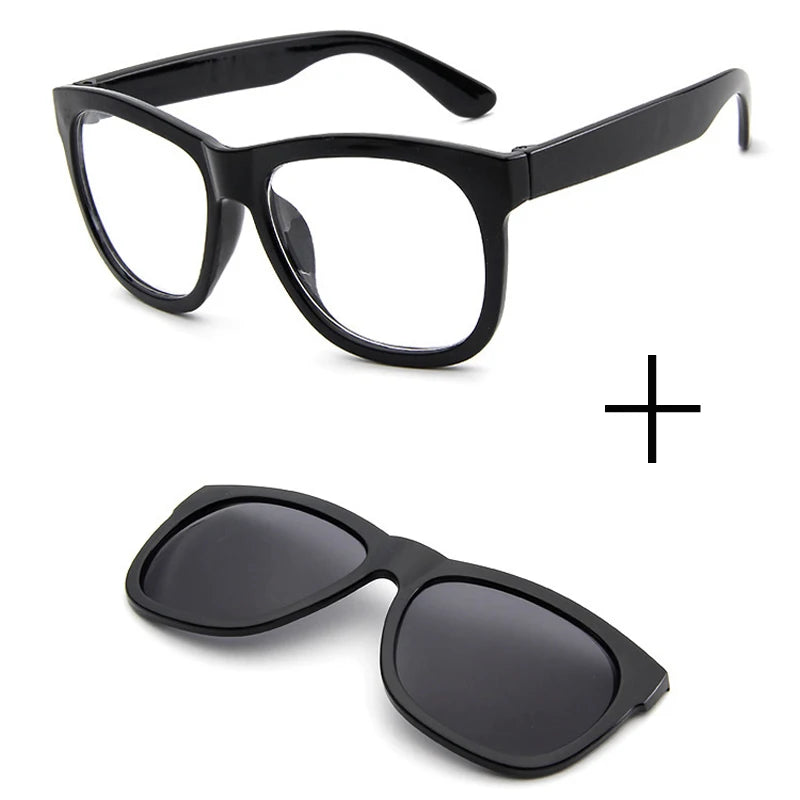 Magnet Clip-On Square Sunglasses with Night Vision Driving Mirroring Lens Red/Green Frame PC for Men and Women