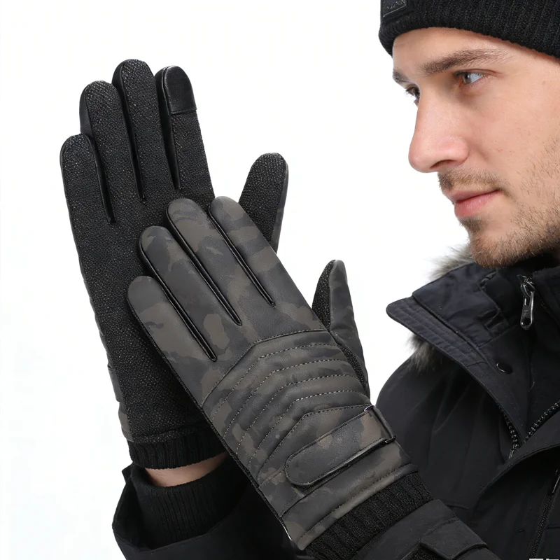 Fashion Windproof Men Warmth Camo PU Leather Winter Motorcycle Driving Gloves