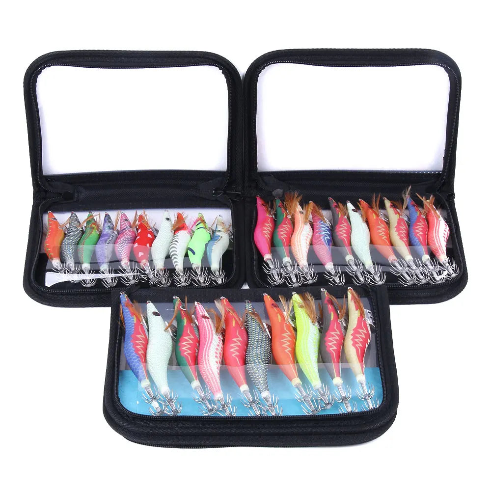 Wholesale SJB010 Combo 2.5# 3.0# 3.5# 10pcs/bag Japanese Cloth Luminous Wooden Shrimp Baits Squid Jig Fishing Lures Kit Set