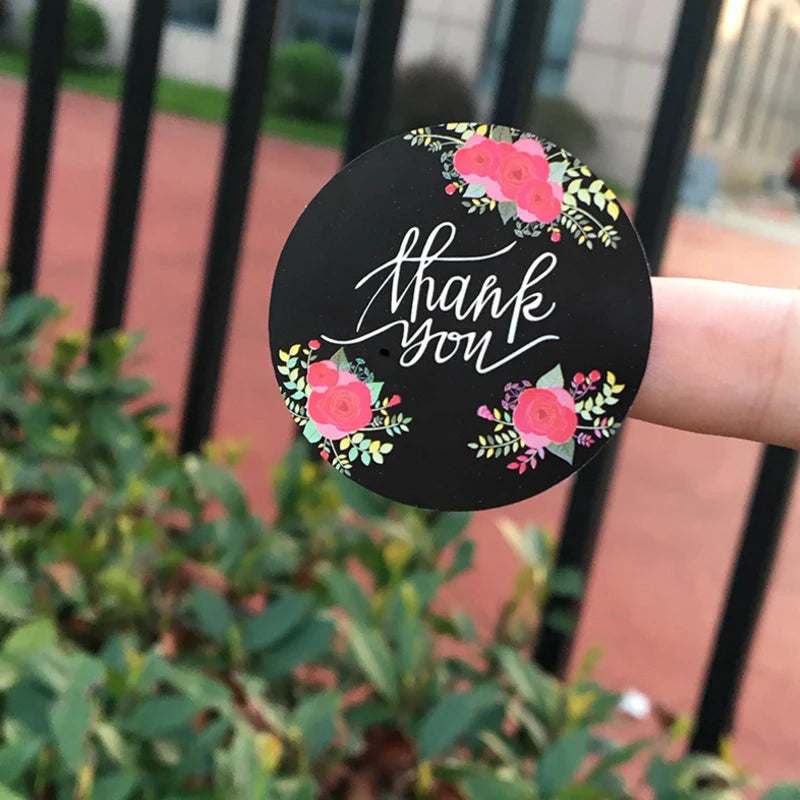 120pcs Per Pack Black Thank You Flower Round Sealing Sticker for Handmade Products Package Label