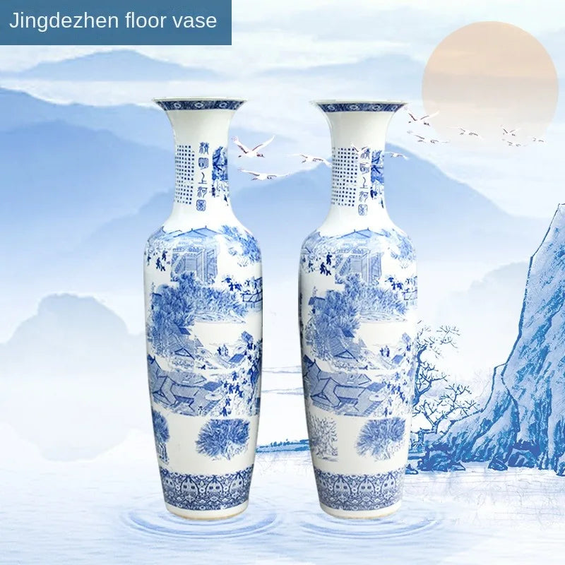 Floor to Ceiling Vase Jingdezhen Blue and White Porcelain Big Ceramic Large Vase Hotel Living Room Chinese Style Decoration Home