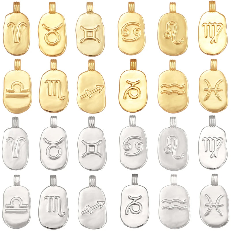 Trendy Charm Zodiac Horoscope Sign Medallion Pendant Real 18K Gold Plated Sparkle Necklace Bracelet Jewelry Making Supplies L82