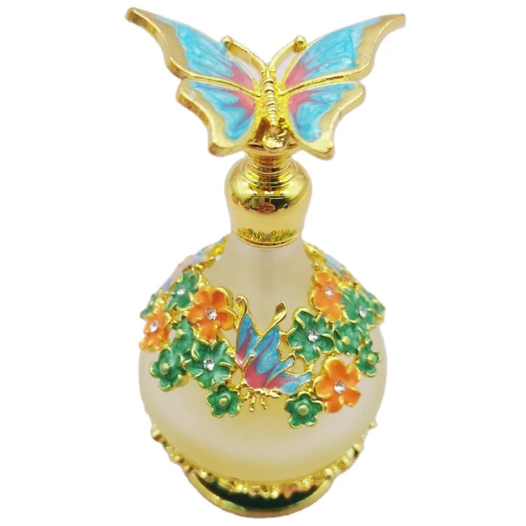 Blue Butterfly Vintage Perfume Bottle Dubai Style Metal Arabic Glass Essential Oil Attar Oil Perfume Bottle with Glass Sticker