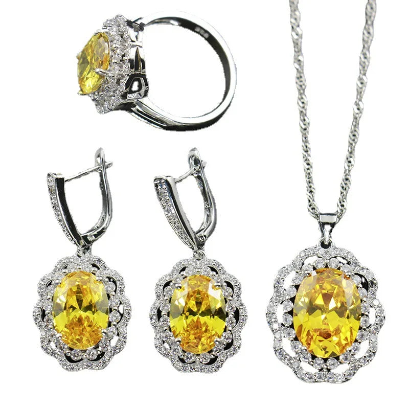 Multicolor Zircon Gemstone Bridal Jewelry Set Wedding Engagement Party Gift Rhodium Plated Flower Design Classic Earrings Rings