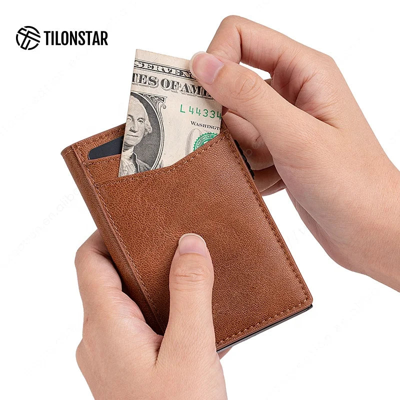 Metal Business Real Leather Credit Card Holder Billetera Wallets Men Small Slim Card Protector Rfid Blocking Pop up Wallet
