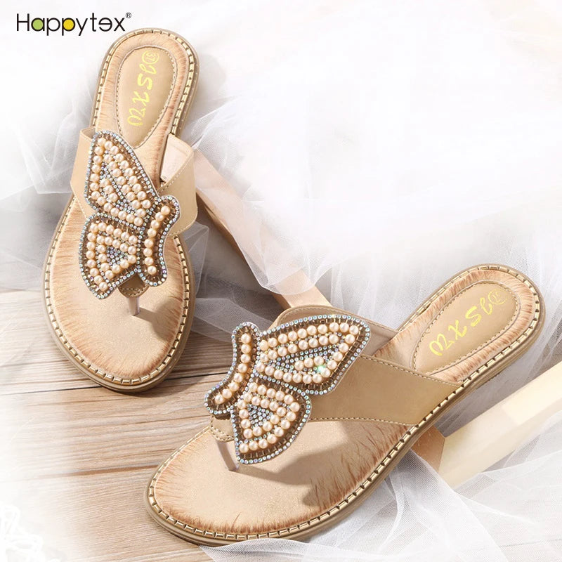 Women Slippers Summer Fashion Ladies Butterfly Rhinestone Flat Bohemian Casual Flip Flops Sandals Breathable Custom Logo