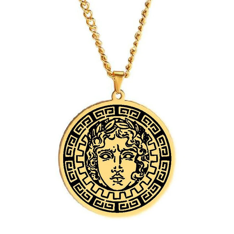 Greek God Apollo Ancient Greek Pagan Solar God of Sun Helios Apollo Amulet Laser Cut Talisman Stainless Steel Pendant Necklace