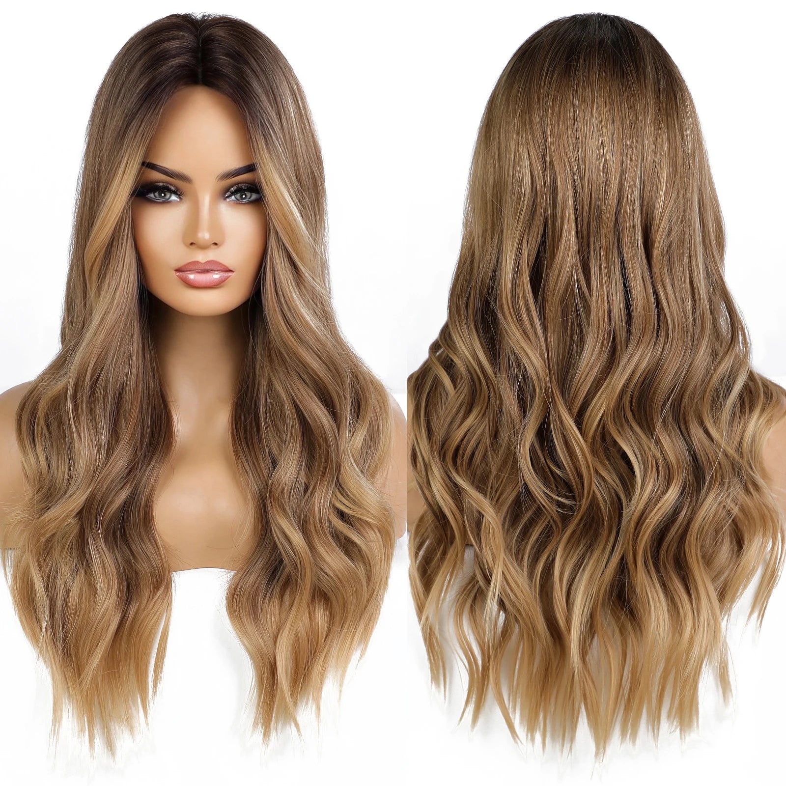 HAIRCUBE Synthetic Wig Blonde Brown Long Wavy Wigs Middle Part Hair Daily Natural Wavy Heat Resistant Fiber for Women