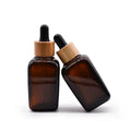 Luxury Square Amber 30ml Glass Dropper Bottle with Screen Printed Bamboo Pipette Cap for Skin Care Serum