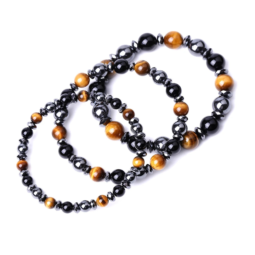 Genuine Black Onyx Hematite tiger Eye Crystal Stone Beads Combo Adjustable Elastic Bracelet for Weight Loss Men and Women