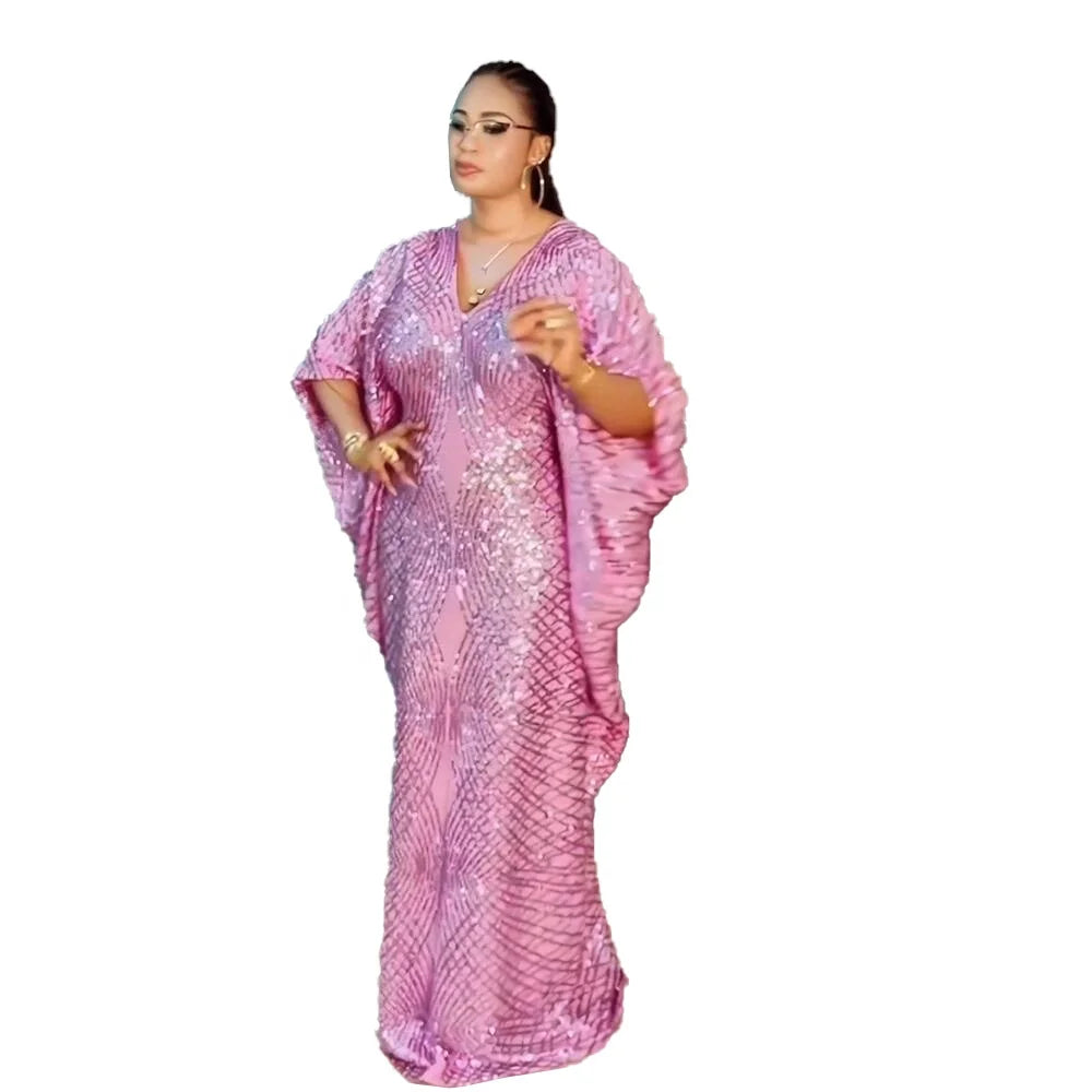 Amunyelia Women's Summer Plus Size Kaftan Dresses with Sequin Fabric for African Party Wear-Ghana Design