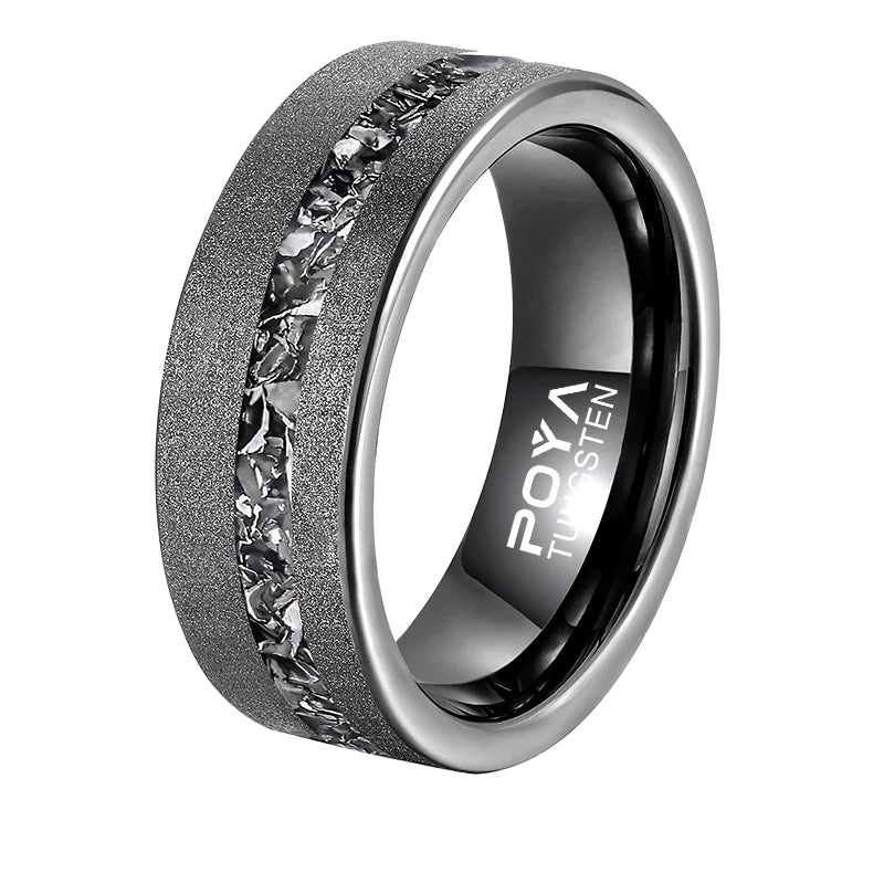 POYA Anniversary Jewelry 8mm Sandblastedgunmetal Meteorite Inlay Tungsten Ring for Men Unique Gift