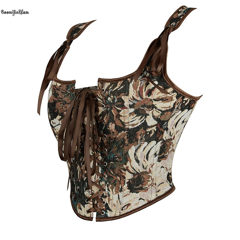 Adjustable Straps Plus Size S -XXXXXXL Fashion Vest Tank Ladies' Lacing Tight Fitting Corset Floral Crop Top With Strap