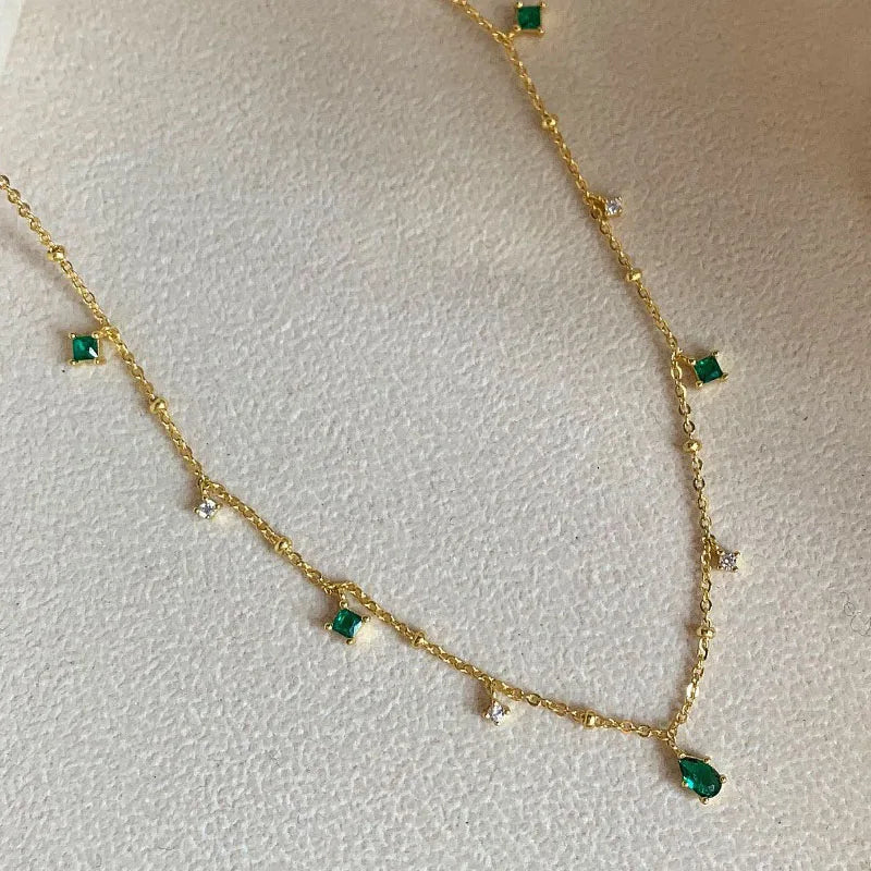 Hot Sale Square Cubic Zircon Pendant Clavicle Chain Emerald Diamond Choker Necklace for Girl