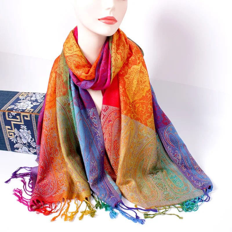 Ethnic Style Mixed Scarf Dual Jacquard Colorful Cashew Long Tourist Shawl Headscarf Imitation Cashmere Kashmir Scarf for Adults