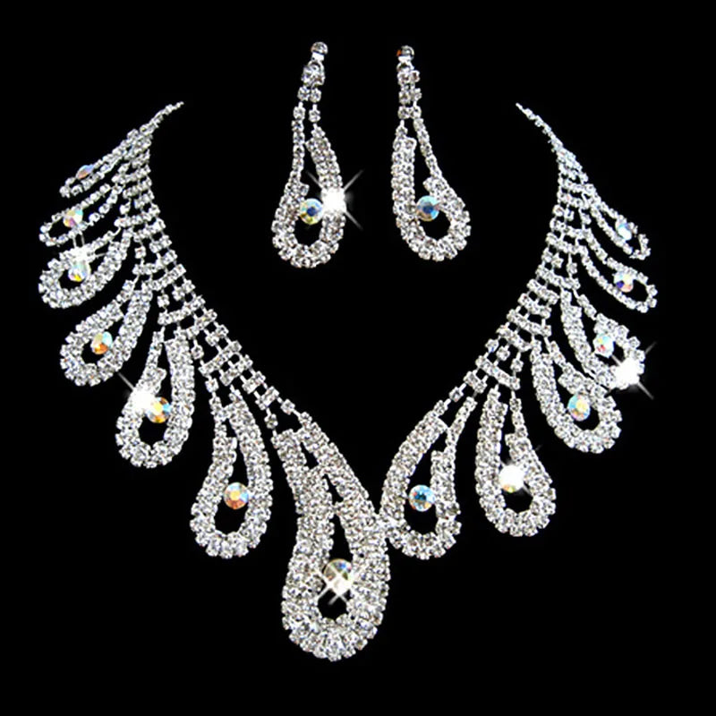 Light Luxury Jewelry Bride Wedding Flower Jewelry Set Series Shiny Rhinestone Crystal Teardrop Necklace Earrings Set for Women